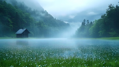 雾雨漫入花湖小舍