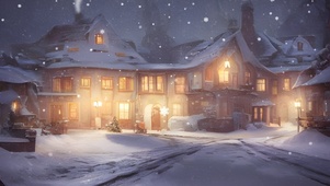 夜晚雪中欧式小镇