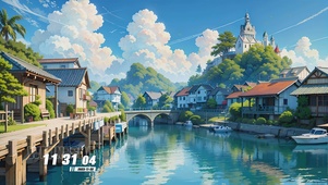 蓝天白云树木河流景色
