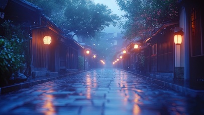 朦胧雨夜下的古镇街道