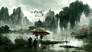 唯美古风雨天西湖垂钓