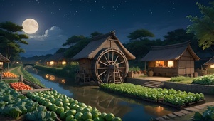 夜晚丰收的水车小屋