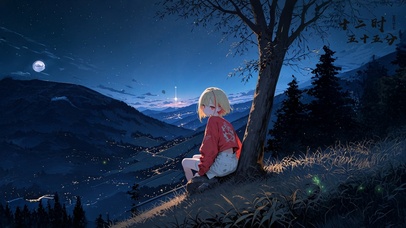 唯美夜晚草地女孩