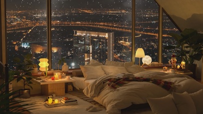 唯美治愈雪夜温馨城市房间