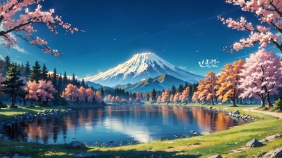 雪山下的樱花湖泊