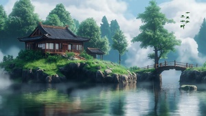 雨中静心湖岛小屋