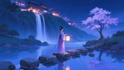 夜晚提着灯笼的古风女孩