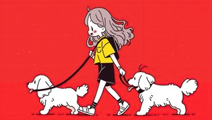 插画遛狗的小女孩