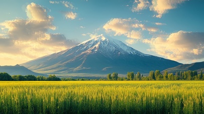 清新护眼雪山下的麦田