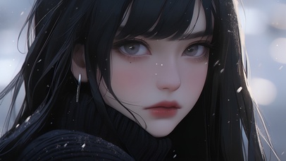 雪天黑发美少女