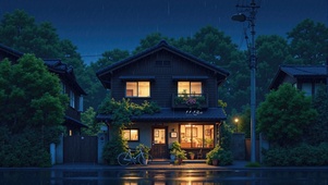 静谧雨夜木屋