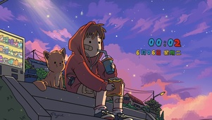 4k夕阳下的小男孩和小猫
