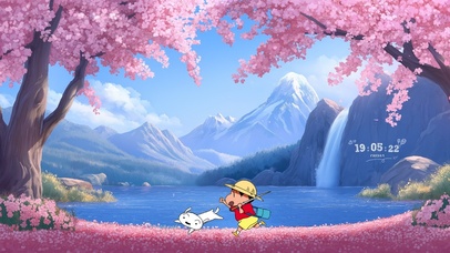 樱花湖畔玩耍的小新