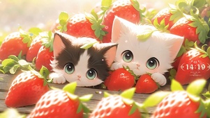 躲在草莓中的可爱小猫