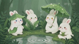 荷叶下躲雨的小兔子