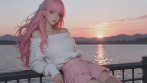 湖畔日落，粉发少女