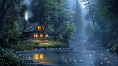 森林静谧湖边小屋