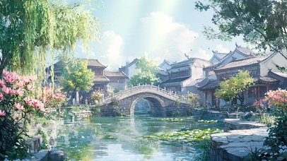 夏日古镇石桥池塘