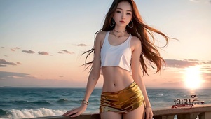 夕阳下的海边美女
