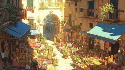 午后阳光下小镇商铺