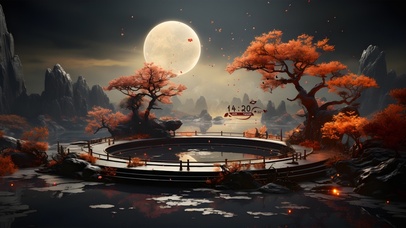 山峦瀑布落叶纷飞