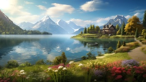 4K唯美湖景雪山鲜花湖畔 护眼