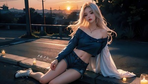 夕阳下的公路美女