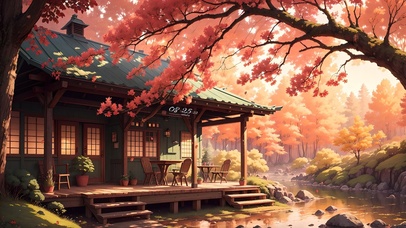 4K秋天唯美枫叶森林小屋