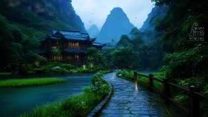 护眼雨后山间石桥流水人家