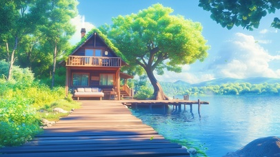 湖边木栈道小屋
