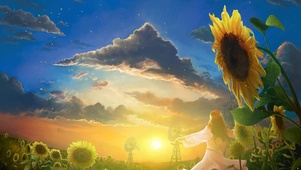 夕阳下的向日葵美女