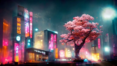 4K插画城市霓虹樱花雨