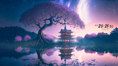 唯美夜晚湖边古树塔楼