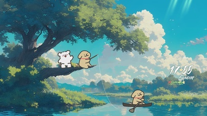 小河边玩耍的线条小狗