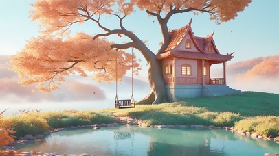 秋天湖边秋千小屋