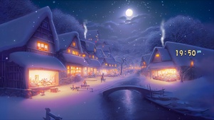温馨的冬日雪天夜晚村庄