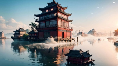 清晨薄雾湖上古风建筑