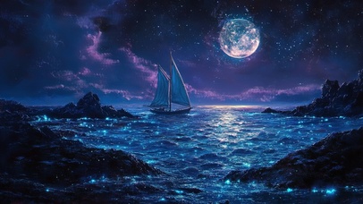 紫色月夜的流浪帆船