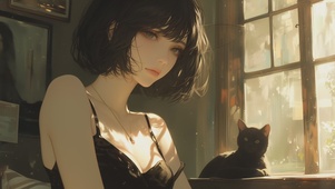 窗边猫咪女孩