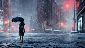 雪中撑伞的女孩背影