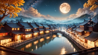 唯美月夜江边古镇