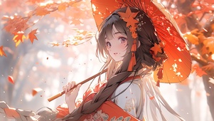 枫叶林撑伞少女