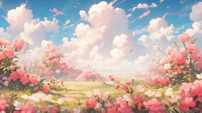 蓝天白云花海