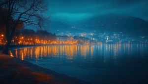 静谧都市湖畔夜景
