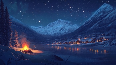 星空下的篝火北欧小镇