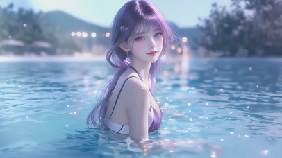 泳池紫发女孩