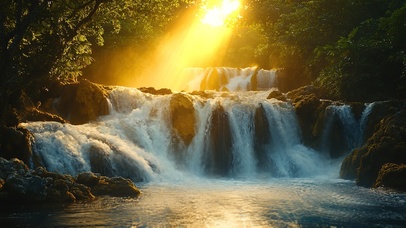 落日夕阳瀑布流水