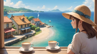 海边喝咖啡的少女
