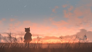 唯美夕阳草地猫女