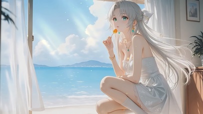 海滩窗边清纯少女